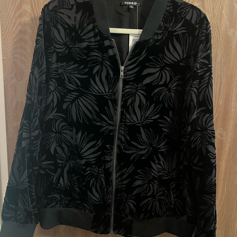 Torrid Black Bomber Jacket with Textured Floral Design